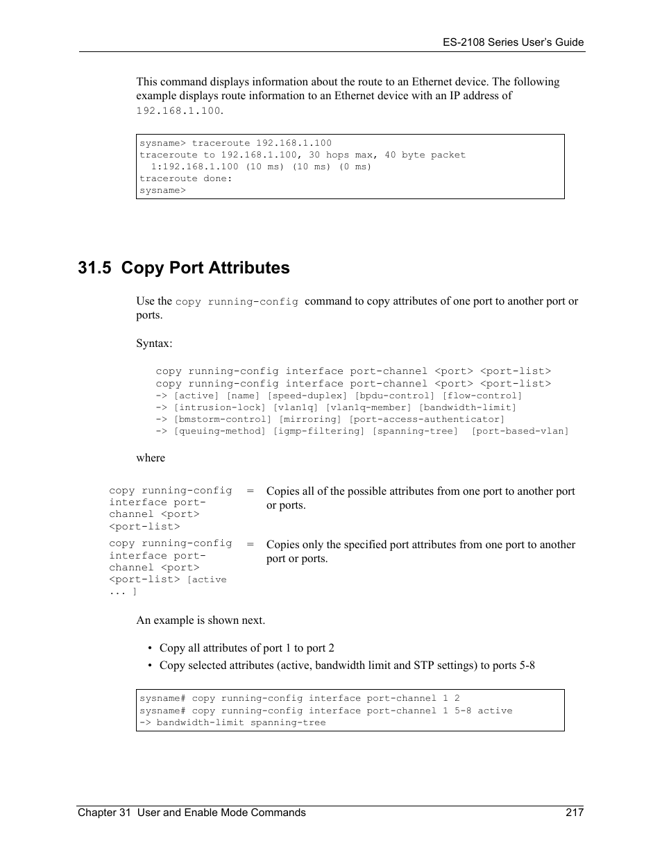 5 copy port attributes | ZyXEL Communications ZyXEL Dimension ES-2108 User Manual | Page 217 / 277