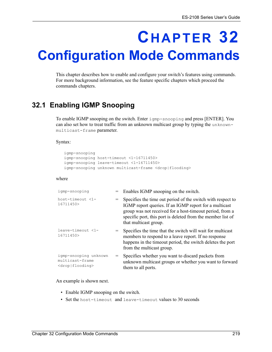 Configuration mode commands, 1 enabling igmp snooping, Chapter 32 configuration mode commands | ZyXEL Communications ZyXEL Dimension ES-2108 User Manual | Page 219 / 277