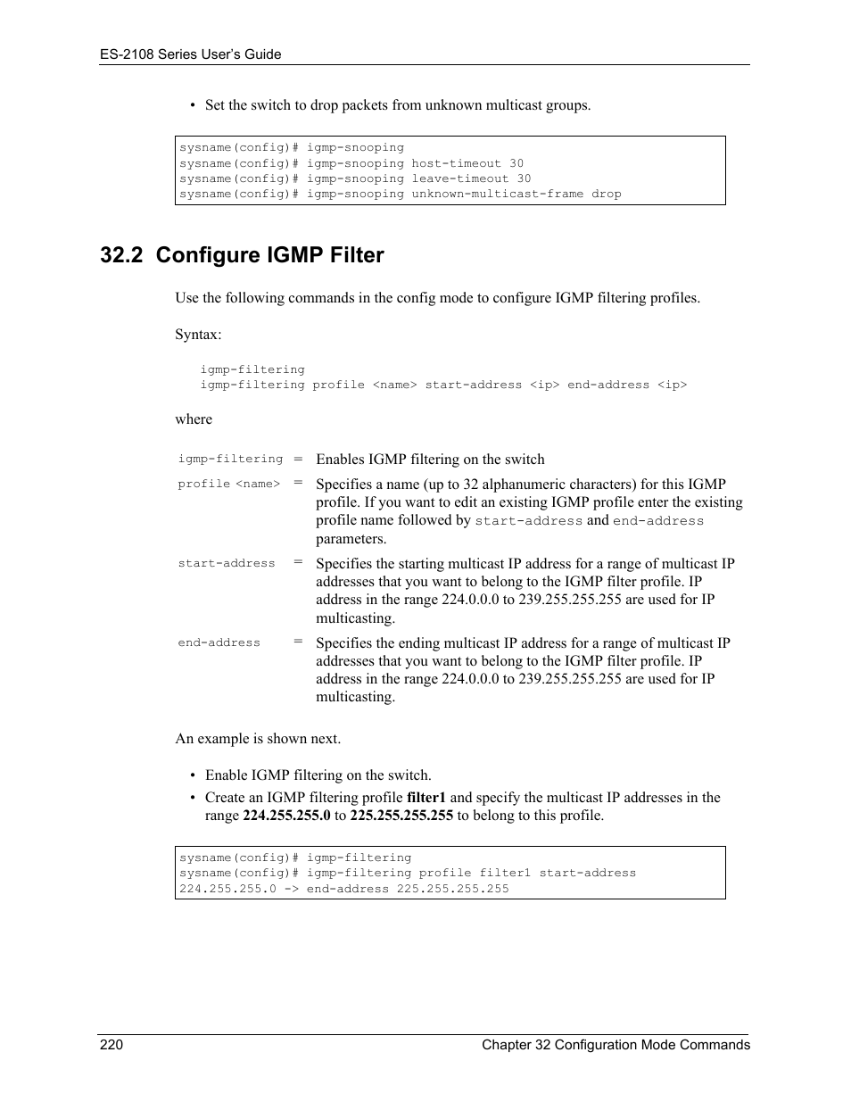 2 configure igmp filter | ZyXEL Communications ZyXEL Dimension ES-2108 User Manual | Page 220 / 277