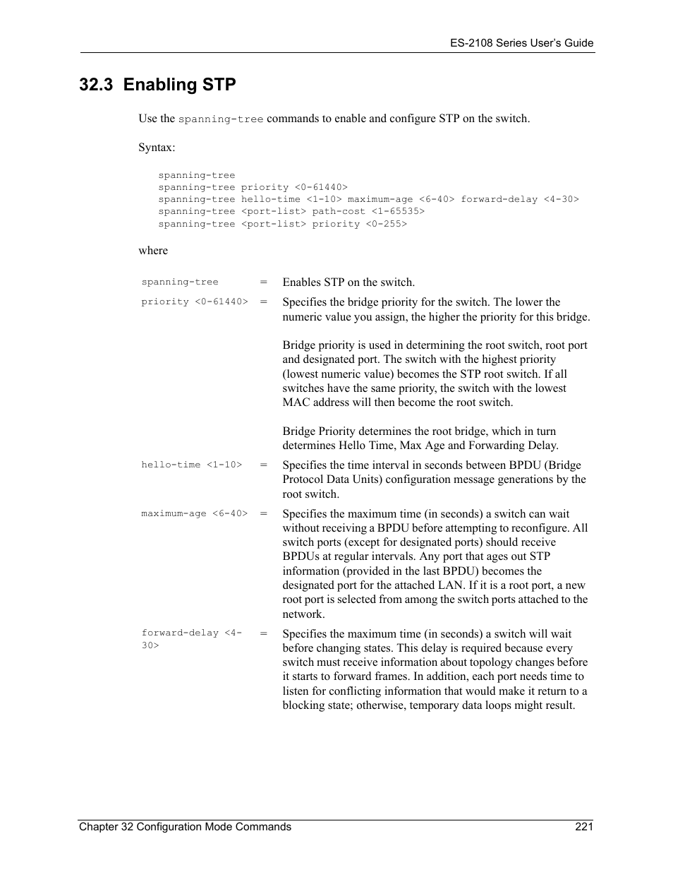 3 enabling stp | ZyXEL Communications ZyXEL Dimension ES-2108 User Manual | Page 221 / 277