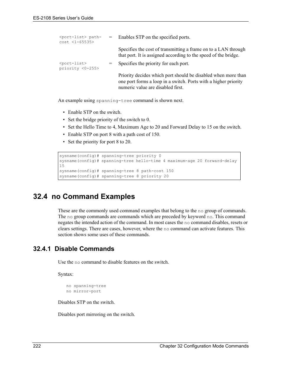 4 no command examples, 1 disable commands | ZyXEL Communications ZyXEL Dimension ES-2108 User Manual | Page 222 / 277