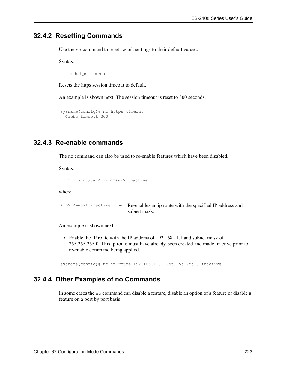 2 resetting commands, 3 re-enable commands, 4 other examples of no commands | ZyXEL Communications ZyXEL Dimension ES-2108 User Manual | Page 223 / 277