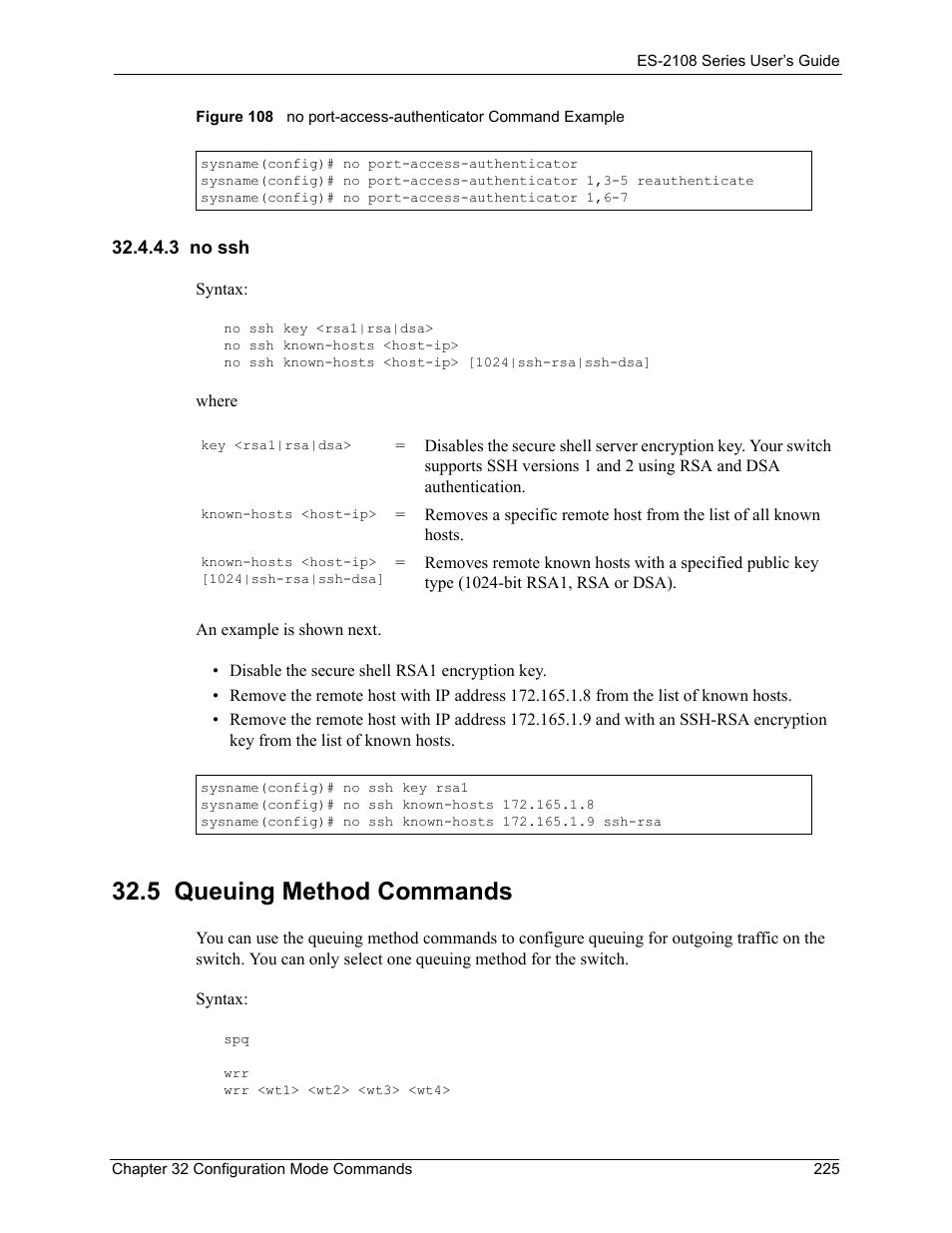 3 no ssh, 5 queuing method commands | ZyXEL Communications ZyXEL Dimension ES-2108 User Manual | Page 225 / 277