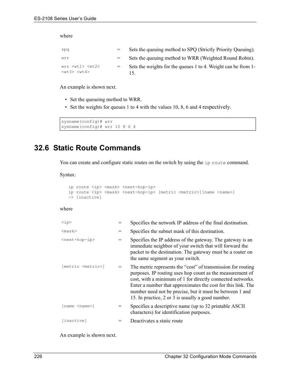 6 static route commands | ZyXEL Communications ZyXEL Dimension ES-2108 User Manual | Page 226 / 277