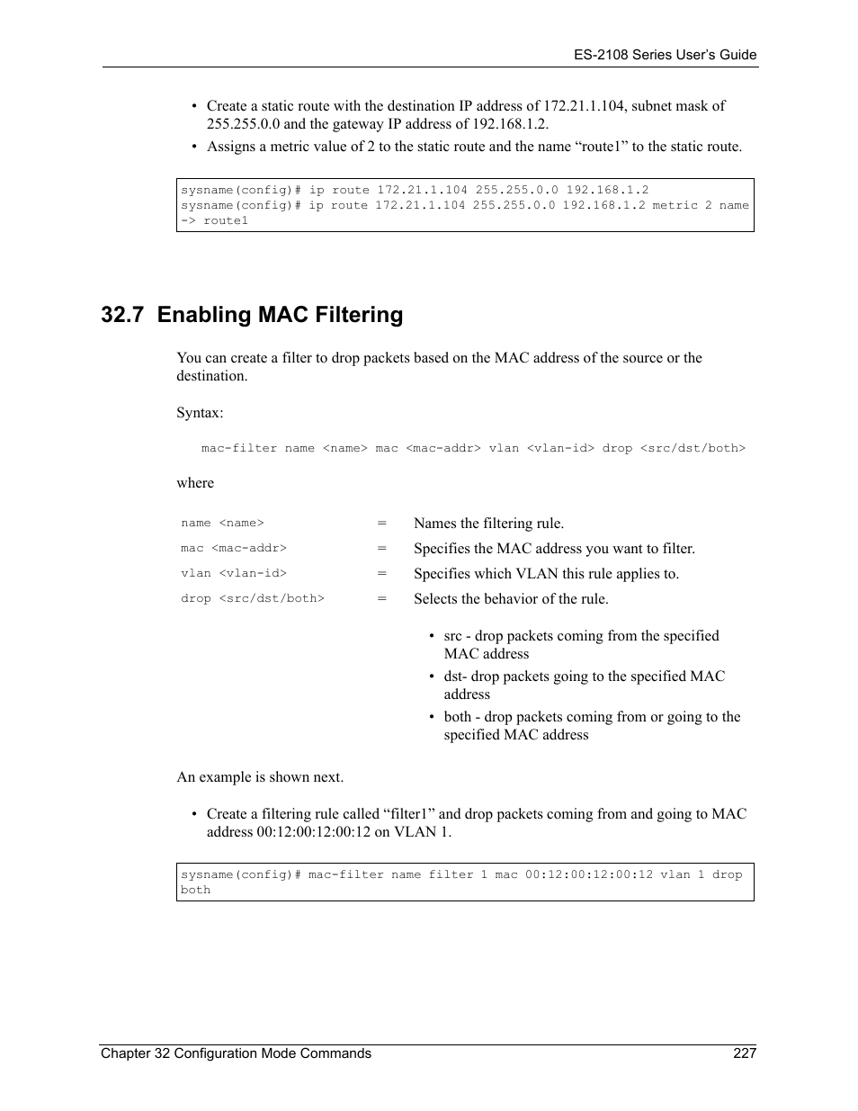 7 enabling mac filtering | ZyXEL Communications ZyXEL Dimension ES-2108 User Manual | Page 227 / 277
