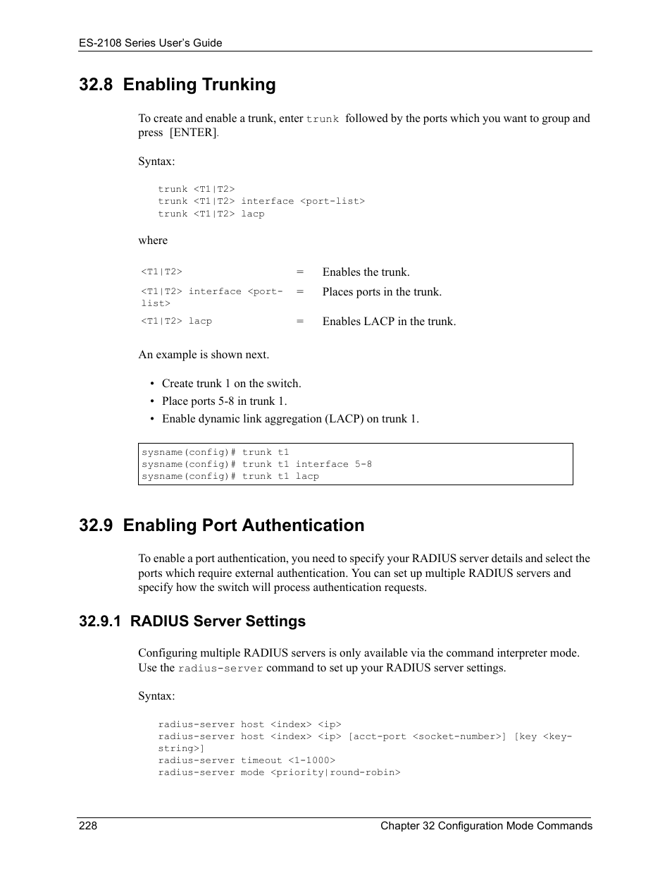 8 enabling trunking, 9 enabling port authentication, 1 radius server settings | ZyXEL Communications ZyXEL Dimension ES-2108 User Manual | Page 228 / 277
