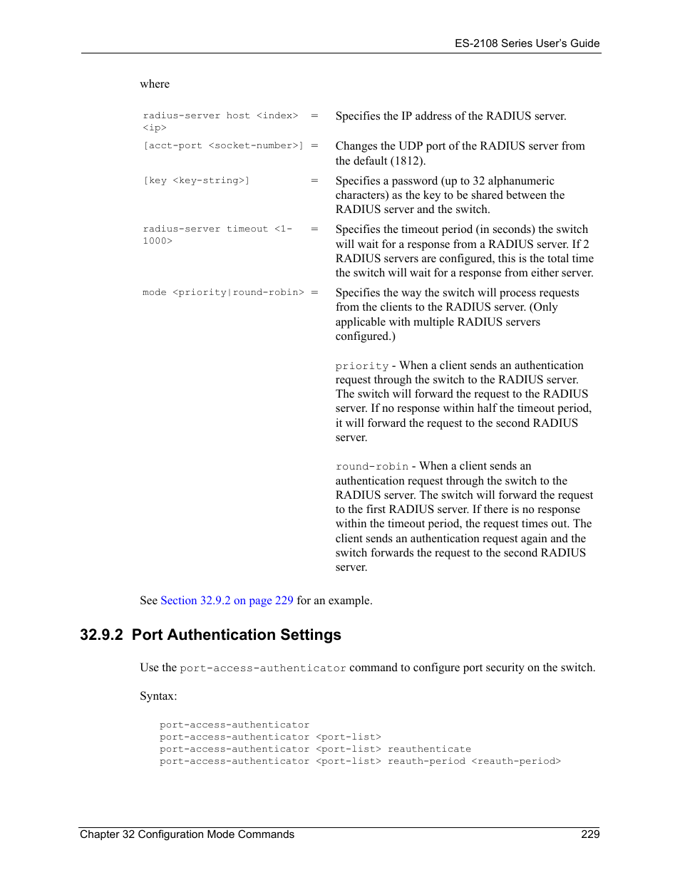 2 port authentication settings | ZyXEL Communications ZyXEL Dimension ES-2108 User Manual | Page 229 / 277