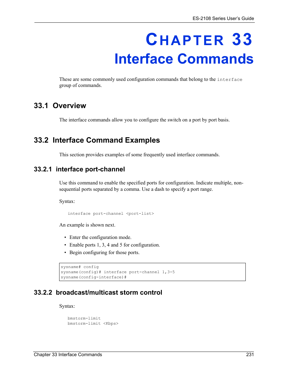 Interface commands, 1 overview, 2 interface command examples | 1 interface port-channel, 2 broadcast/multicast storm control, Chapter 33 interface commands, 1 overview 33.2 interface command examples | ZyXEL Communications ZyXEL Dimension ES-2108 User Manual | Page 231 / 277