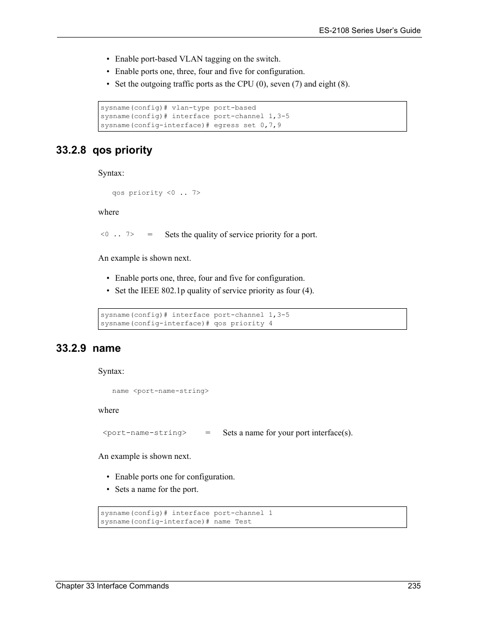 8 qos priority, 9 name, 8 qos priority 33.2.9 name | ZyXEL Communications ZyXEL Dimension ES-2108 User Manual | Page 235 / 277