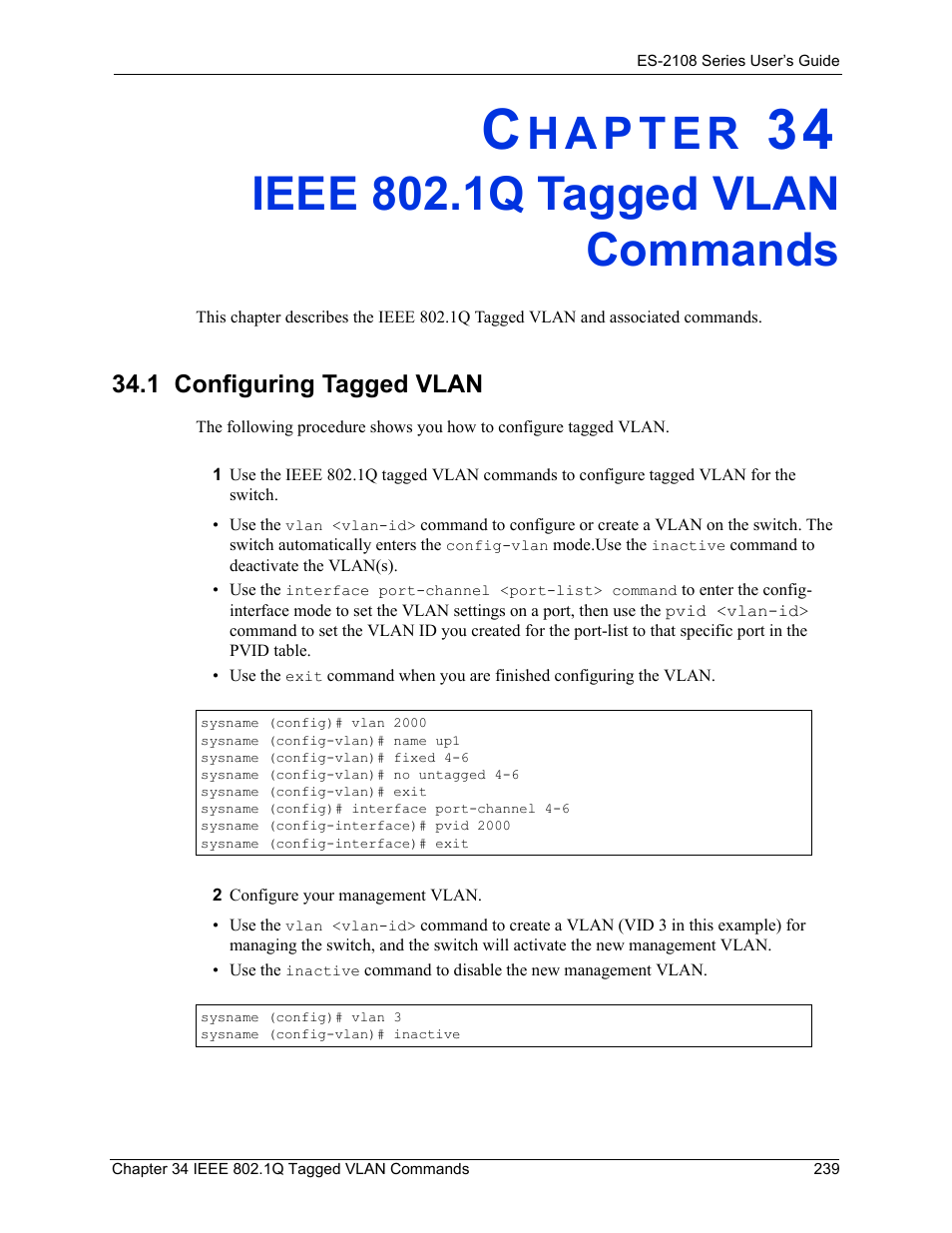 Ieee 802.1q tagged vlan commands, 1 configuring tagged vlan, Chapter 34 ieee 802.1q tagged vlan commands | ZyXEL Communications ZyXEL Dimension ES-2108 User Manual | Page 239 / 277