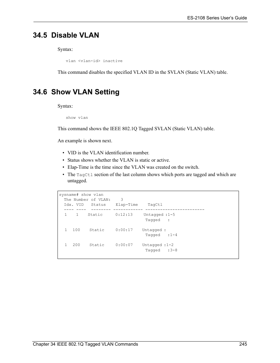 5 disable vlan, 6 show vlan setting, 5 disable vlan 34.6 show vlan setting | ZyXEL Communications ZyXEL Dimension ES-2108 User Manual | Page 245 / 277