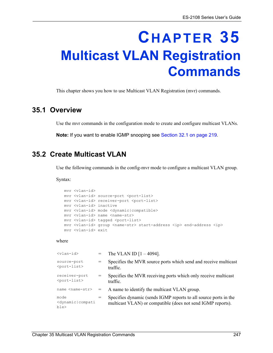 Multicast vlan registration commands, 1 overview, 2 create multicast vlan | Chapter 35 multicast vlan registration commands, 1 overview 35.2 create multicast vlan | ZyXEL Communications ZyXEL Dimension ES-2108 User Manual | Page 247 / 277