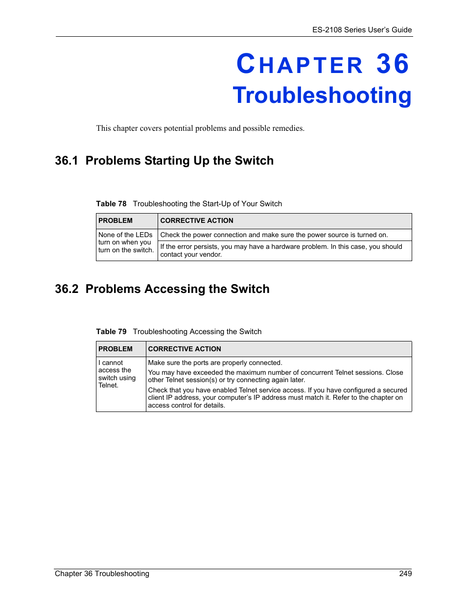 Troubleshooting, 1 problems starting up the switch, 2 problems accessing the switch | Chapter 36 troubleshooting | ZyXEL Communications ZyXEL Dimension ES-2108 User Manual | Page 249 / 277