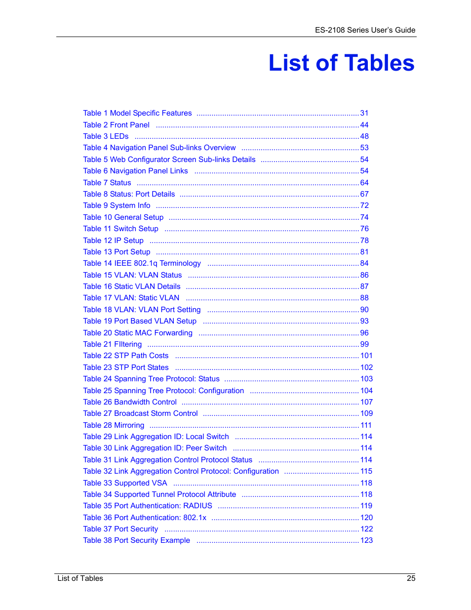 List of tables | ZyXEL Communications ZyXEL Dimension ES-2108 User Manual | Page 25 / 277