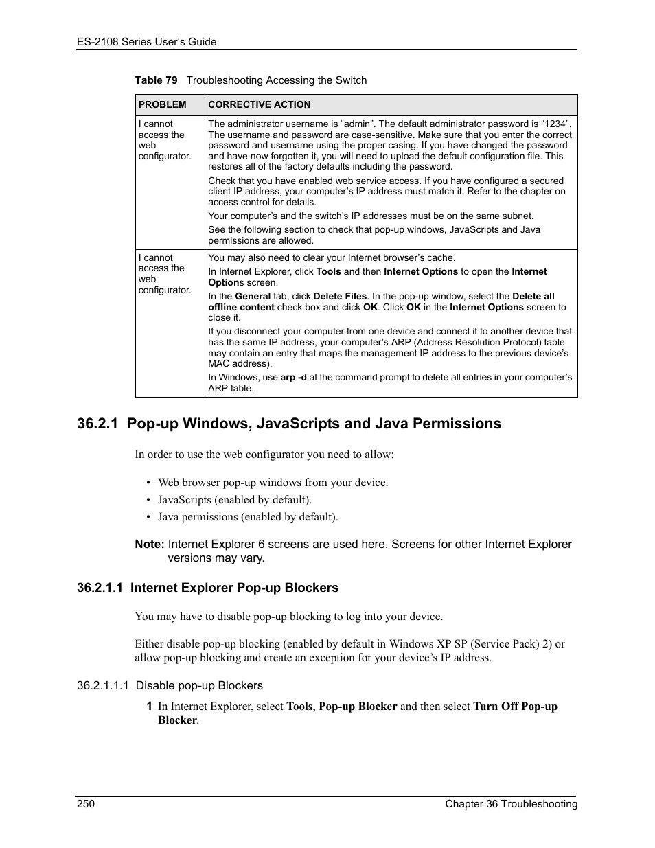 1 pop-up windows, javascripts and java permissions, 1 internet explorer pop-up blockers | ZyXEL Communications ZyXEL Dimension ES-2108 User Manual | Page 250 / 277