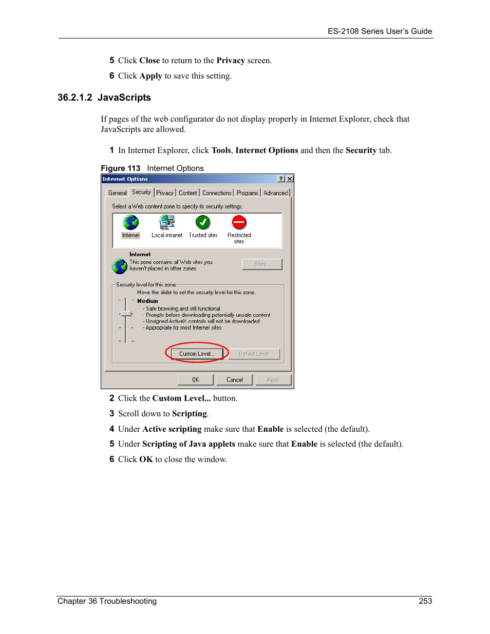 2 javascripts, Figure 113 internet options | ZyXEL Communications ZyXEL Dimension ES-2108 User Manual | Page 253 / 277