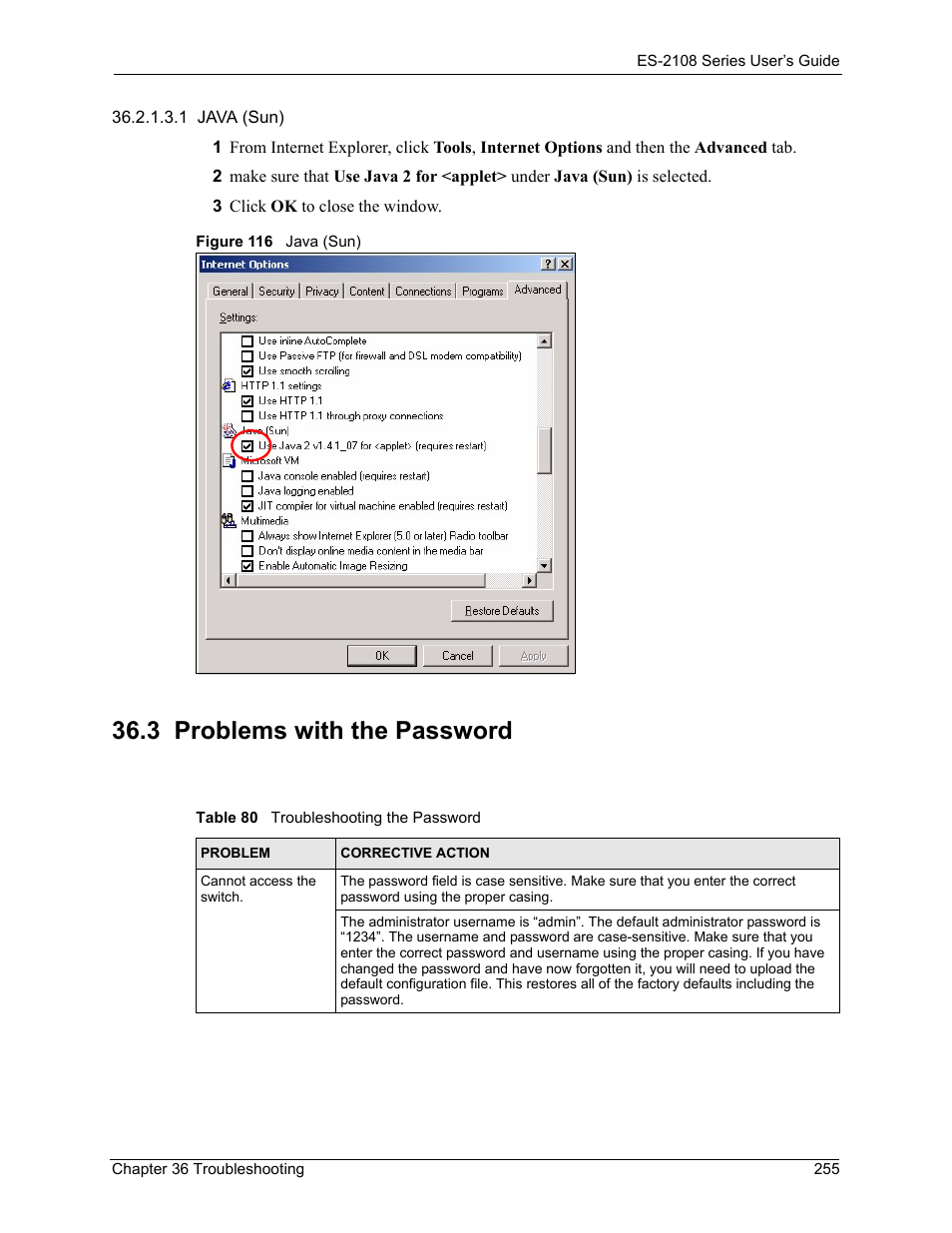 3 problems with the password, Figure 116 java (sun), Table 80 troubleshooting the password | ZyXEL Communications ZyXEL Dimension ES-2108 User Manual | Page 255 / 277
