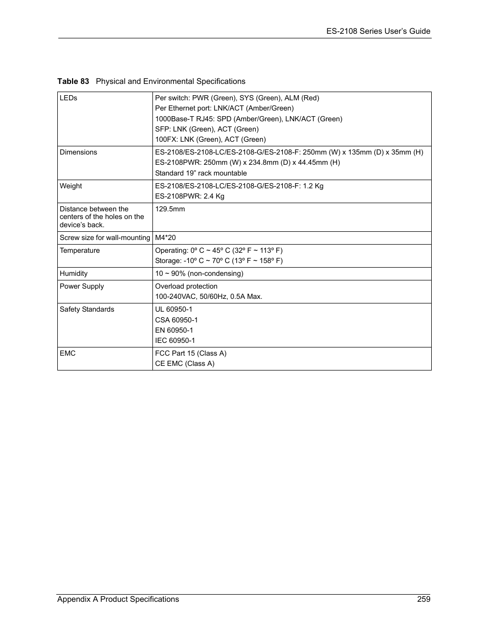 Table 83 physical and environmental specifications | ZyXEL Communications ZyXEL Dimension ES-2108 User Manual | Page 259 / 277