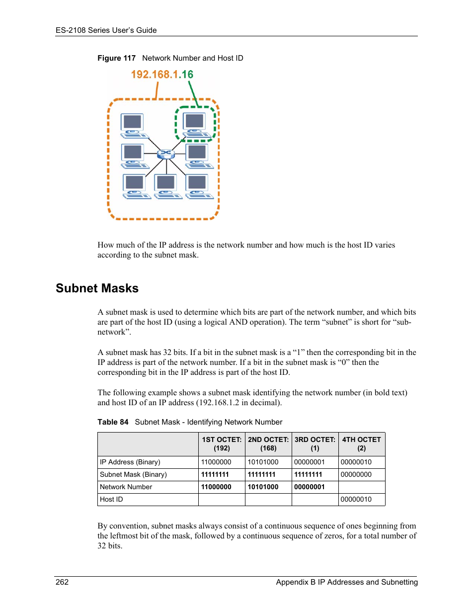 Figure 117 network number and host id, Table 84 subnet mask - identifying network number, Subnet masks | ZyXEL Communications ZyXEL Dimension ES-2108 User Manual | Page 262 / 277