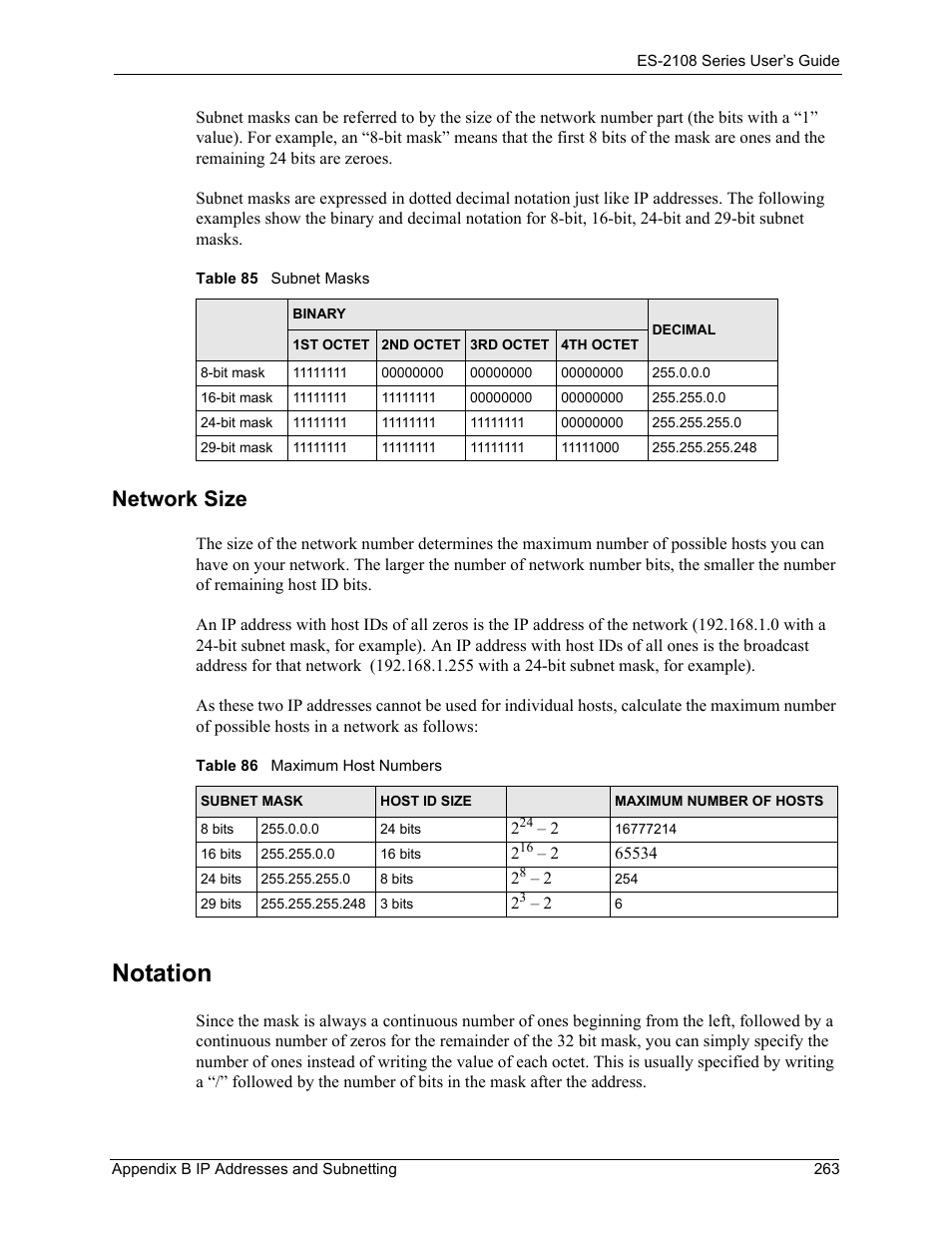 Notation, Network size | ZyXEL Communications ZyXEL Dimension ES-2108 User Manual | Page 263 / 277