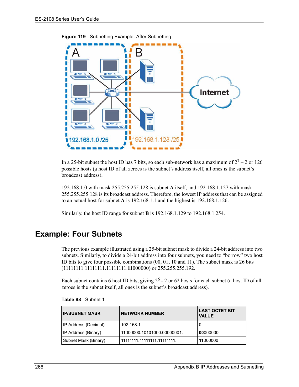 Figure 119 subnetting example: after subnetting, Table 88 subnet 1, Example: four subnets | ZyXEL Communications ZyXEL Dimension ES-2108 User Manual | Page 266 / 277