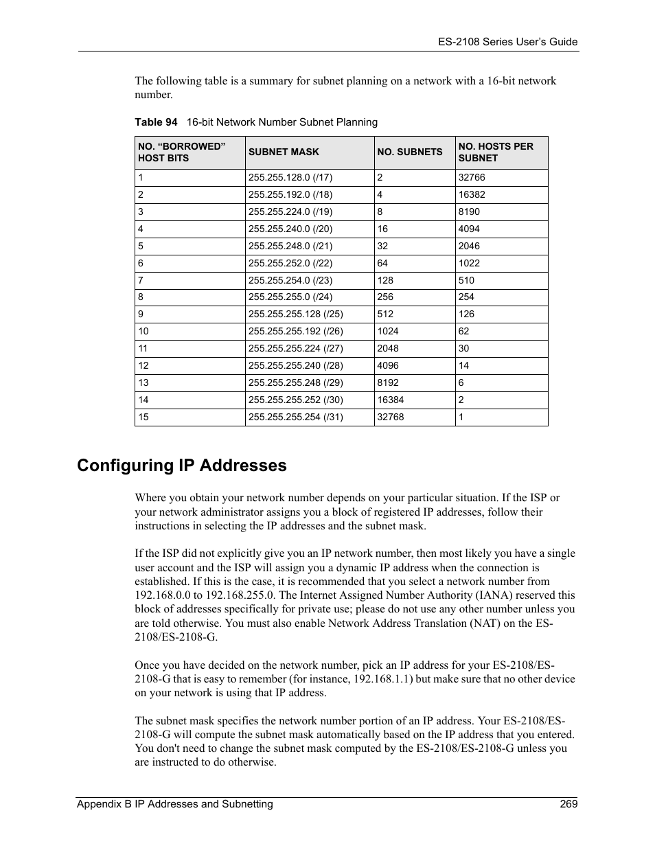 Table 94 16-bit network number subnet planning, Configuring ip addresses | ZyXEL Communications ZyXEL Dimension ES-2108 User Manual | Page 269 / 277