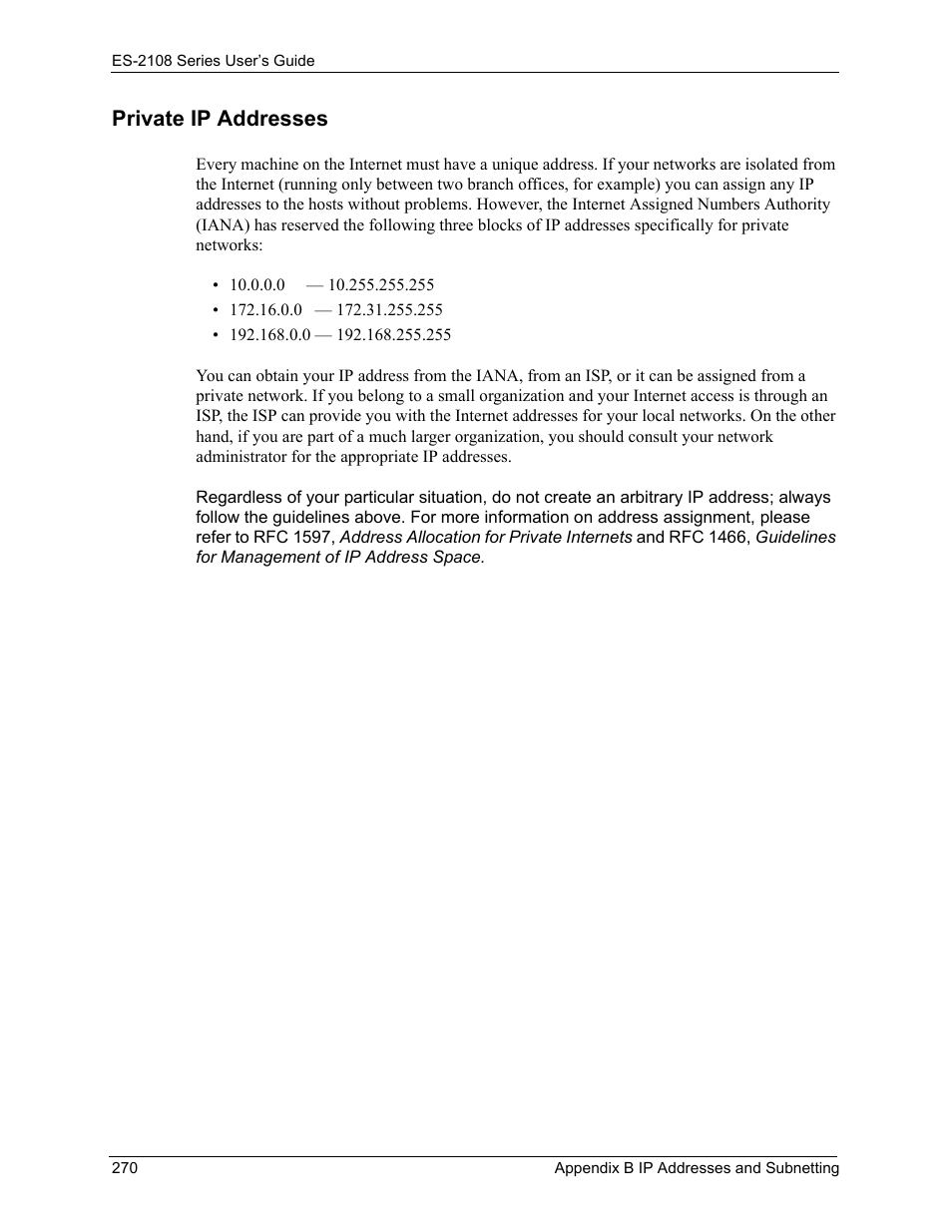 Private ip addresses | ZyXEL Communications ZyXEL Dimension ES-2108 User Manual | Page 270 / 277