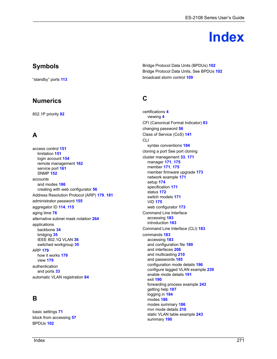 Index, Symbols, Numerics | ZyXEL Communications ZyXEL Dimension ES-2108 User Manual | Page 271 / 277