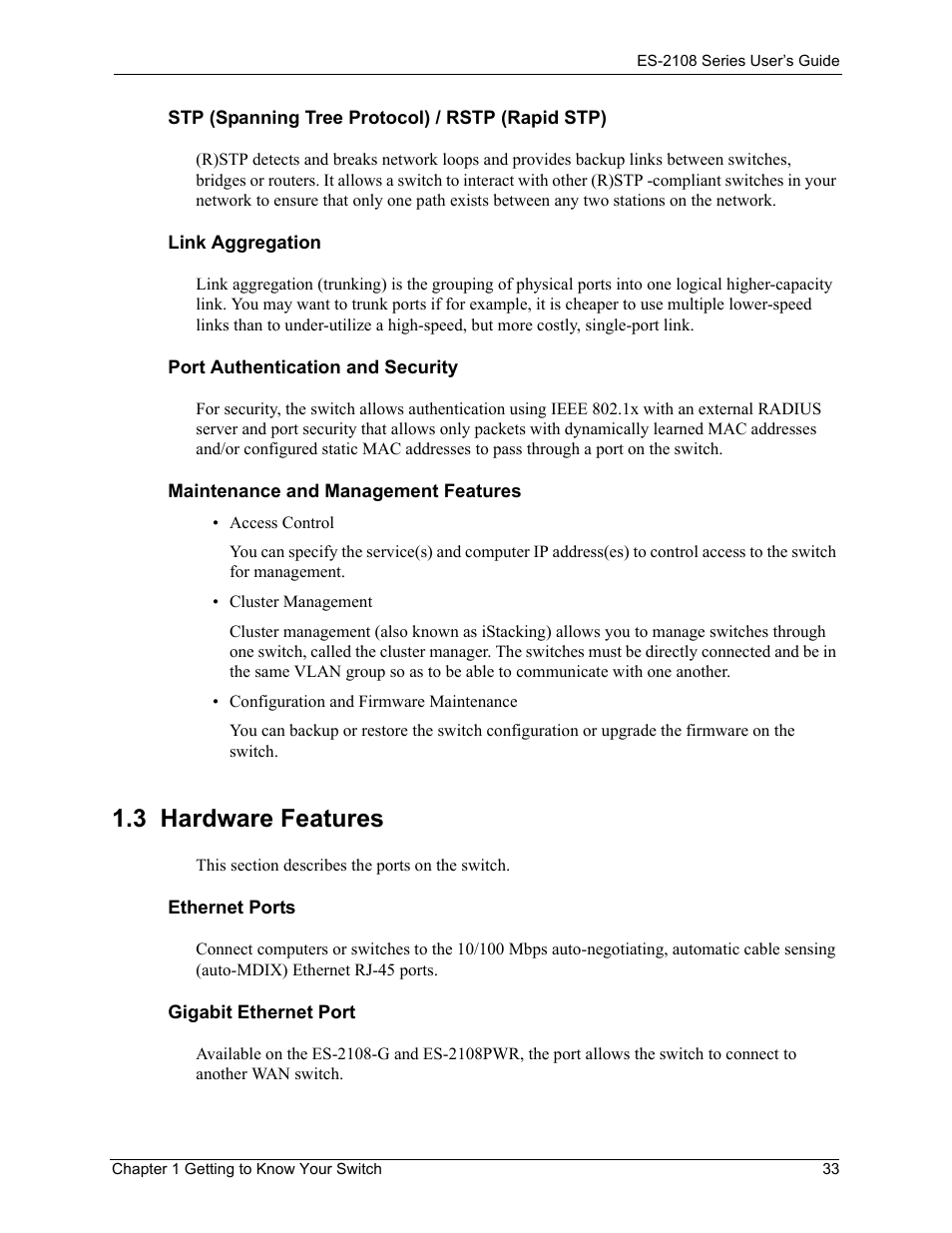 3 hardware features | ZyXEL Communications ZyXEL Dimension ES-2108 User Manual | Page 33 / 277