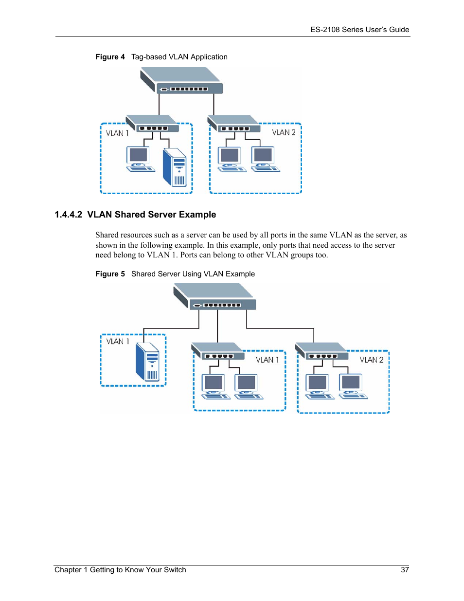 2 vlan shared server example | ZyXEL Communications ZyXEL Dimension ES-2108 User Manual | Page 37 / 277