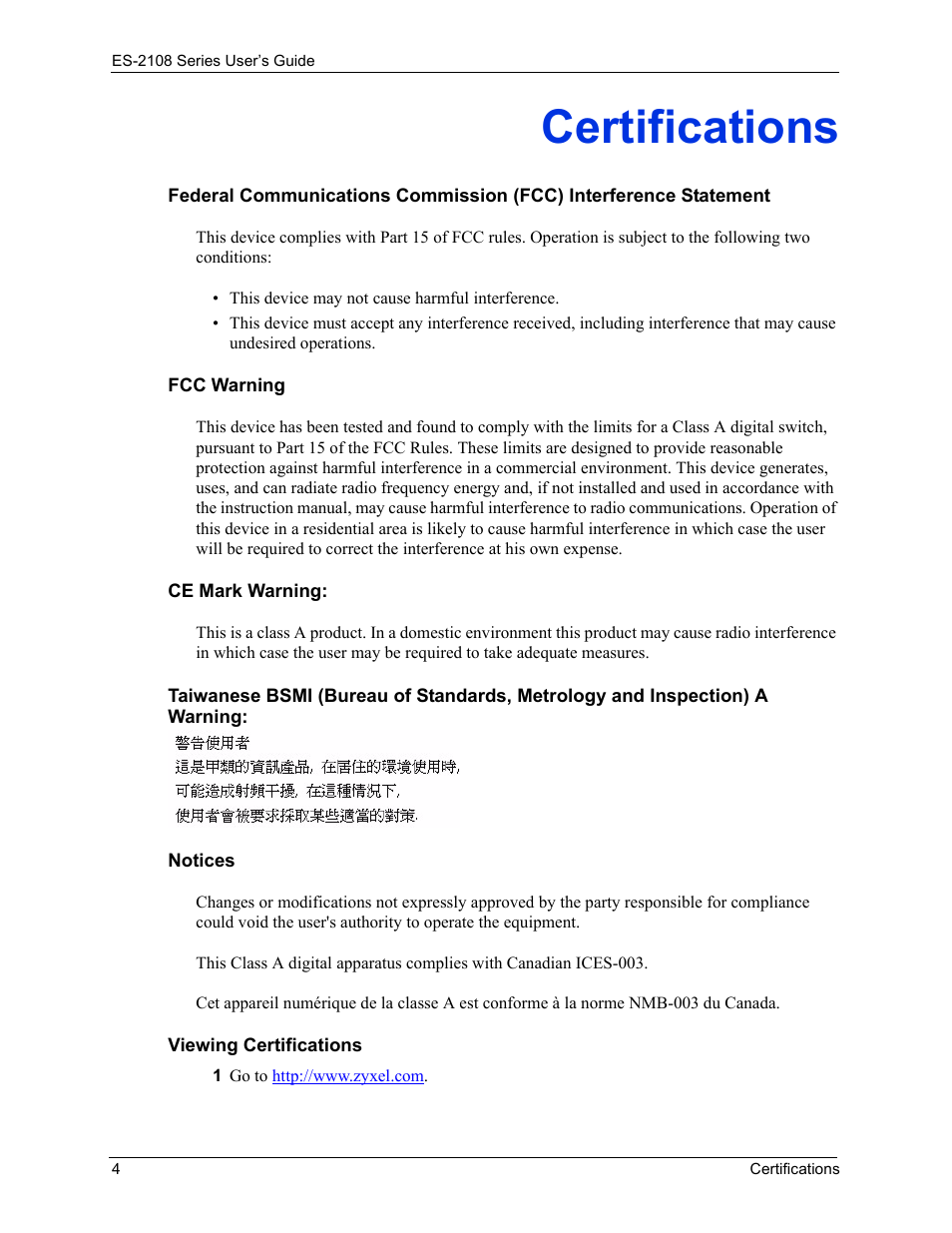 Certifications | ZyXEL Communications ZyXEL Dimension ES-2108 User Manual | Page 4 / 277