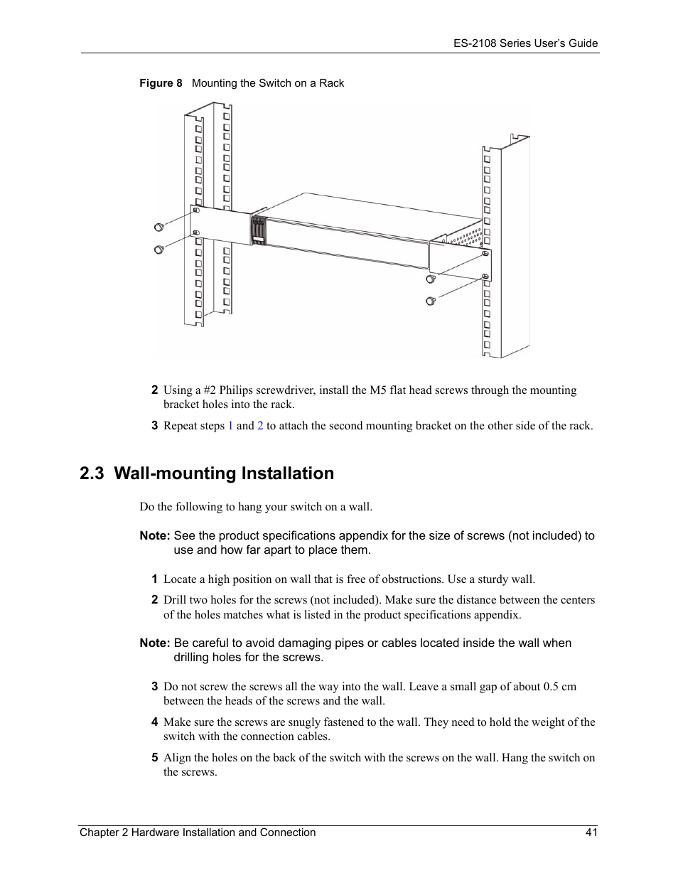 3 wall-mounting installation, Figure 8 mounting the switch on a rack | ZyXEL Communications ZyXEL Dimension ES-2108 User Manual | Page 41 / 277