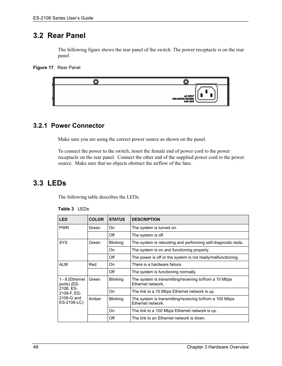 2 rear panel, 1 power connector, 3 leds | Figure 17 rear panel, Table 3 leds | ZyXEL Communications ZyXEL Dimension ES-2108 User Manual | Page 48 / 277