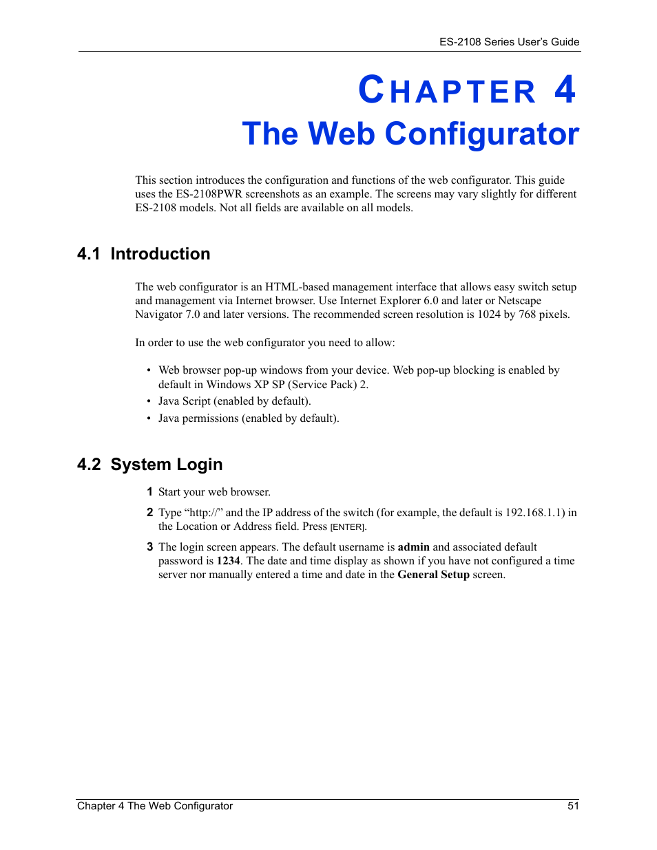 The web configurator, 1 introduction, 2 system login | Chapter 4 the web configurator, 1 introduction 4.2 system login | ZyXEL Communications ZyXEL Dimension ES-2108 User Manual | Page 51 / 277