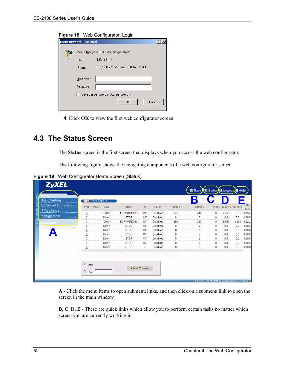 3 the status screen, Ab c d e | ZyXEL Communications ZyXEL Dimension ES-2108 User Manual | Page 52 / 277