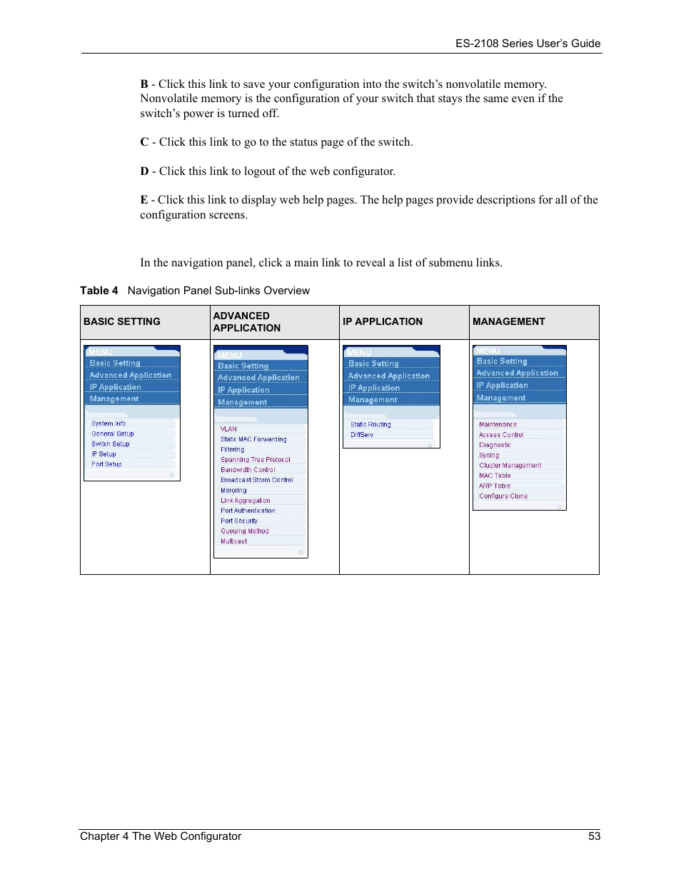 Table 4 navigation panel sub-links overview | ZyXEL Communications ZyXEL Dimension ES-2108 User Manual | Page 53 / 277