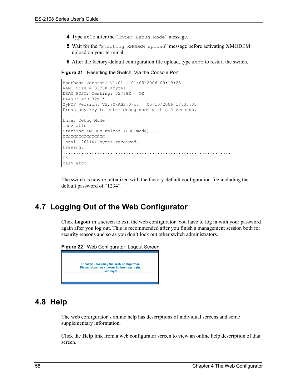 7 logging out of the web configurator, 8 help, 7 logging out of the web configurator 4.8 help | ZyXEL Communications ZyXEL Dimension ES-2108 User Manual | Page 58 / 277