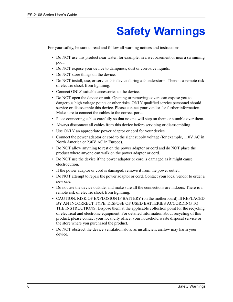 Safety warnings | ZyXEL Communications ZyXEL Dimension ES-2108 User Manual | Page 6 / 277