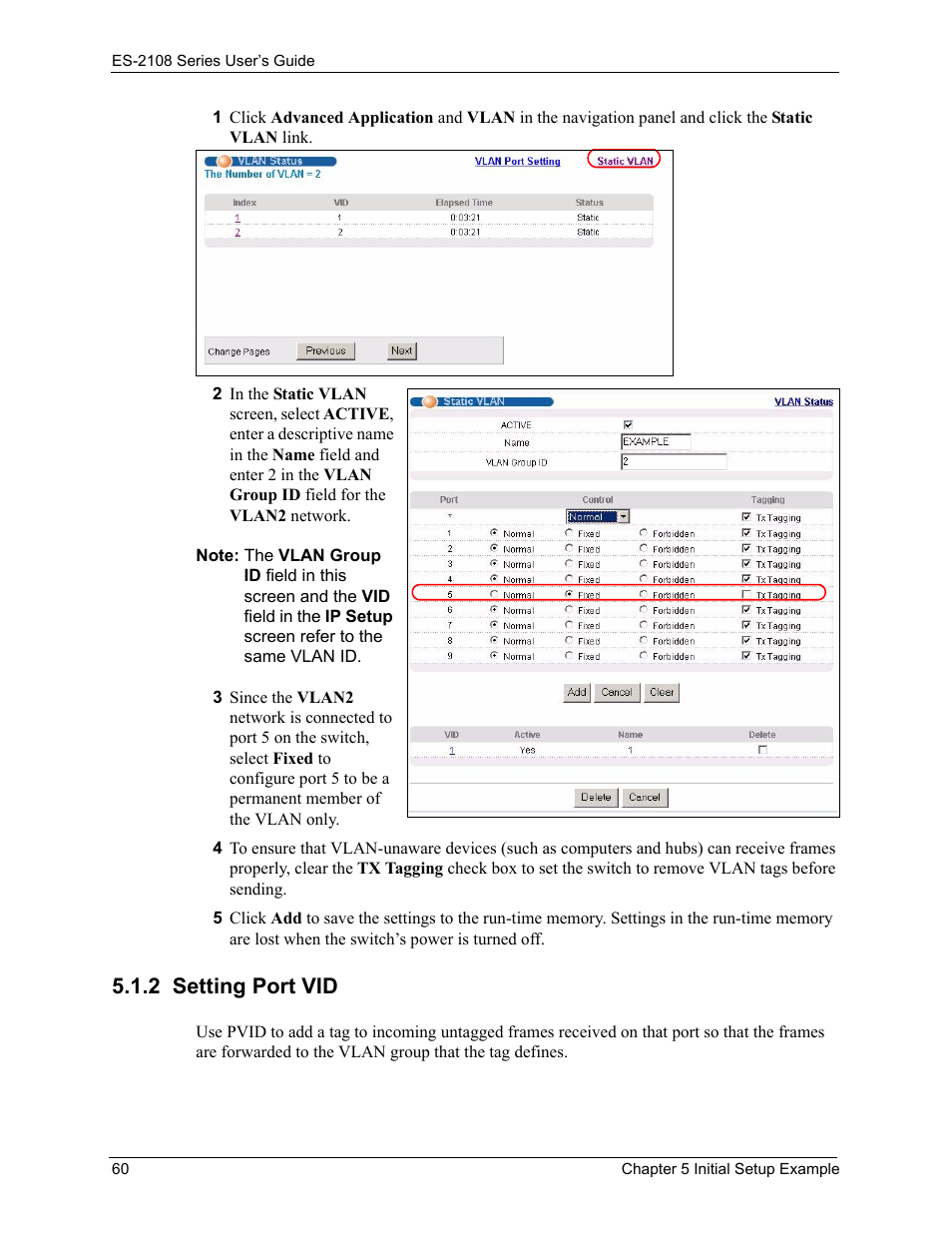 2 setting port vid | ZyXEL Communications ZyXEL Dimension ES-2108 User Manual | Page 60 / 277