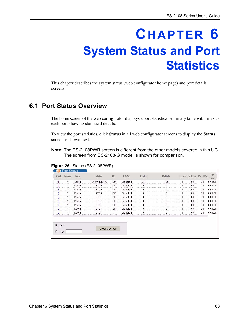 System status and port statistics, 1 port status overview, Chapter 6 system status and port statistics | Figure 26 status (es-2108pwr) | ZyXEL Communications ZyXEL Dimension ES-2108 User Manual | Page 63 / 277