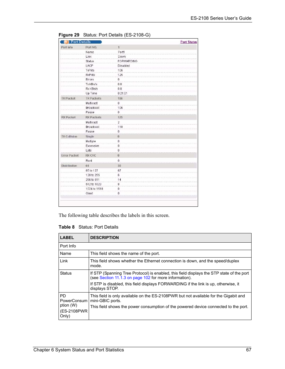 Figure 29 status: port details (es-2108-g), Table 8 status: port details | ZyXEL Communications ZyXEL Dimension ES-2108 User Manual | Page 67 / 277