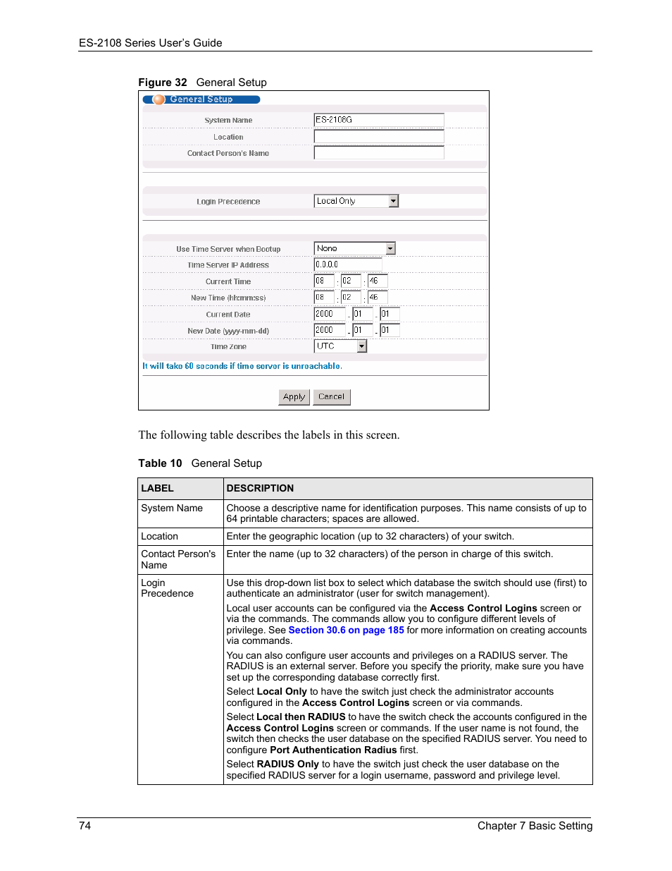 Figure 32 general setup, Table 10 general setup | ZyXEL Communications ZyXEL Dimension ES-2108 User Manual | Page 74 / 277