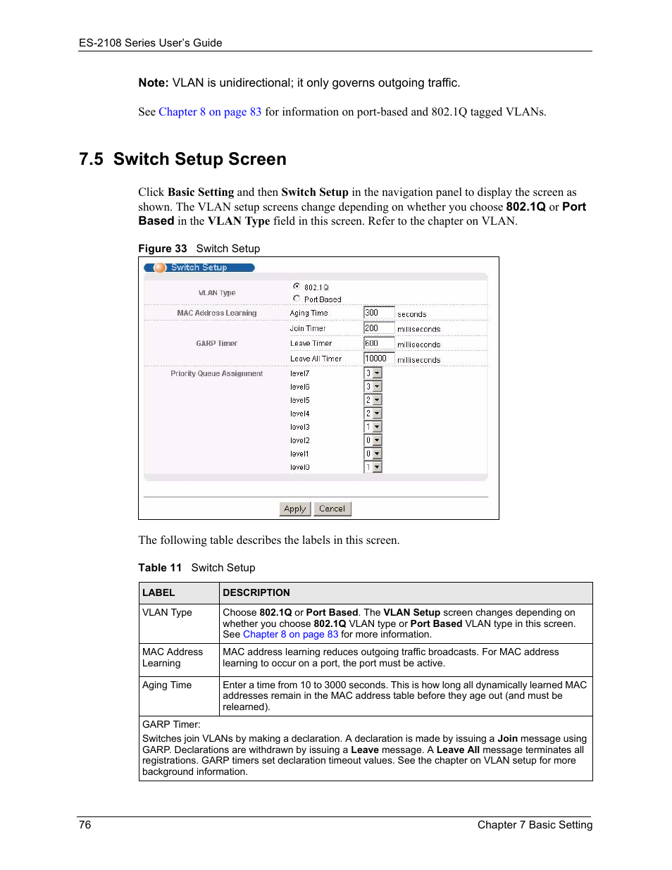 5 switch setup screen, Figure 33 switch setup, Table 11 switch setup | ZyXEL Communications ZyXEL Dimension ES-2108 User Manual | Page 76 / 277