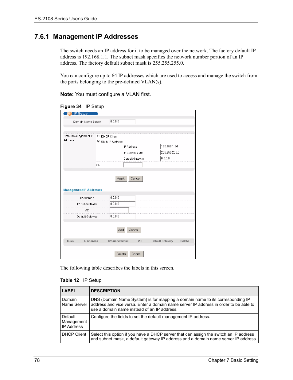 1 management ip addresses, Figure 34 ip setup, Table 12 ip setup | ZyXEL Communications ZyXEL Dimension ES-2108 User Manual | Page 78 / 277
