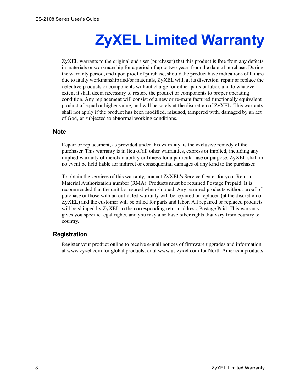 Zyxel limited warranty | ZyXEL Communications ZyXEL Dimension ES-2108 User Manual | Page 8 / 277