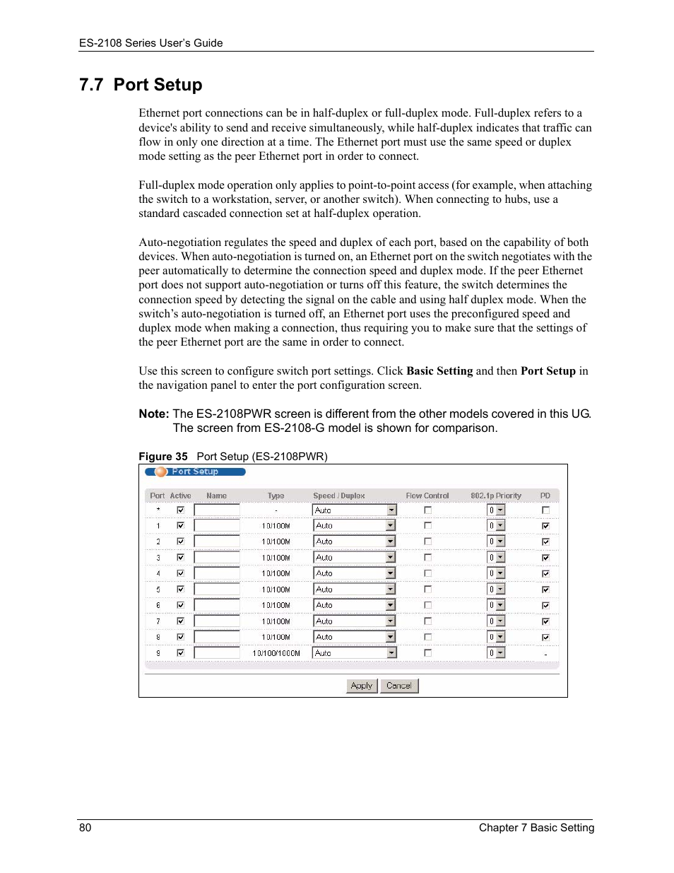 7 port setup, Figure 35 port setup (es-2108pwr) | ZyXEL Communications ZyXEL Dimension ES-2108 User Manual | Page 80 / 277