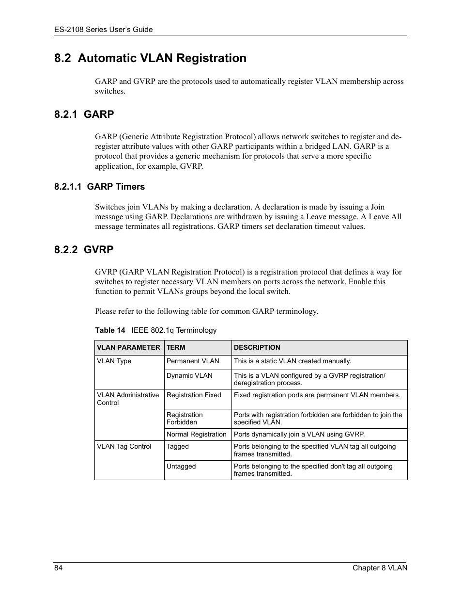 2 automatic vlan registration, 1 garp, 1 garp timers | 2 gvrp, Table 14 ieee 802.1q terminology | ZyXEL Communications ZyXEL Dimension ES-2108 User Manual | Page 84 / 277