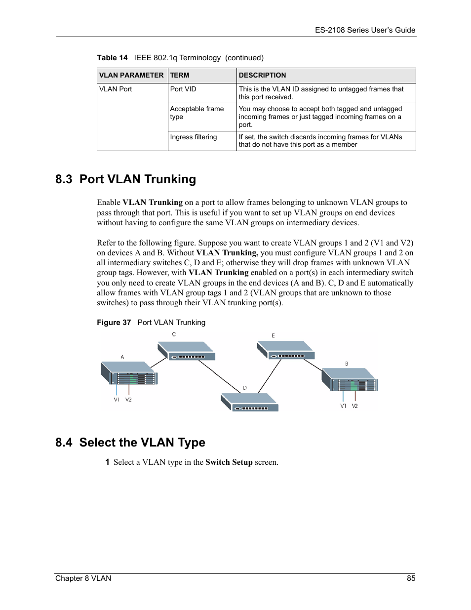 3 port vlan trunking, 4 select the vlan type, 3 port vlan trunking 8.4 select the vlan type | Figure 37 port vlan trunking | ZyXEL Communications ZyXEL Dimension ES-2108 User Manual | Page 85 / 277