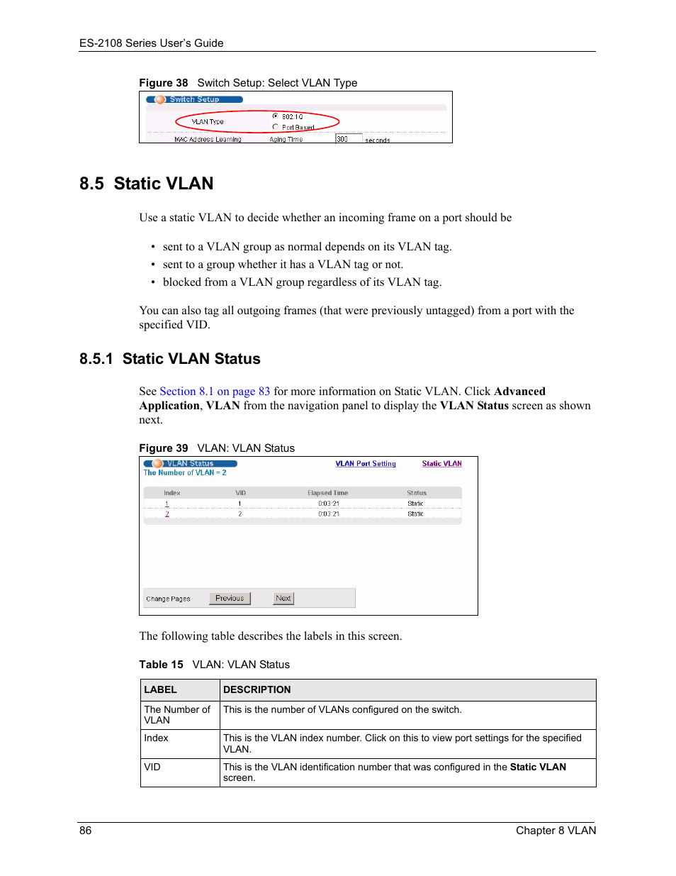 5 static vlan, 1 static vlan status, Figure 38 switch setup: select vlan type | Figure 39 vlan: vlan status, Table 15 vlan: vlan status | ZyXEL Communications ZyXEL Dimension ES-2108 User Manual | Page 86 / 277