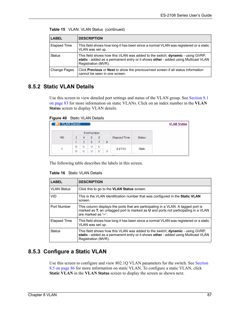 2 static vlan details, 3 configure a static vlan, Figure 40 static vlan details | Table 16 static vlan details | ZyXEL Communications ZyXEL Dimension ES-2108 User Manual | Page 87 / 277